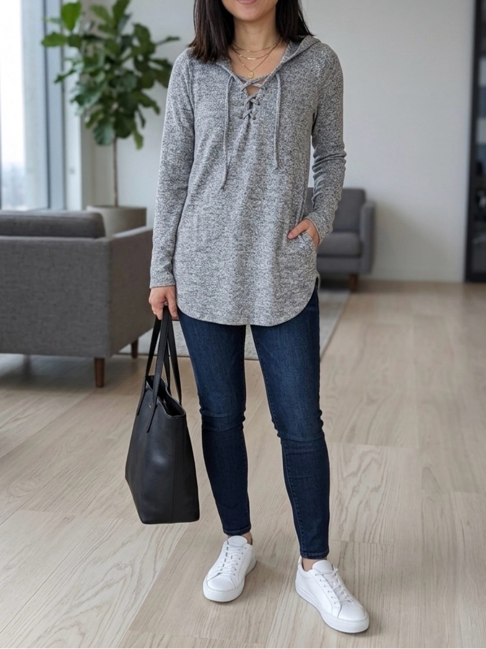 aerie Gray Lace-Up Hooded Long Sleeve Top